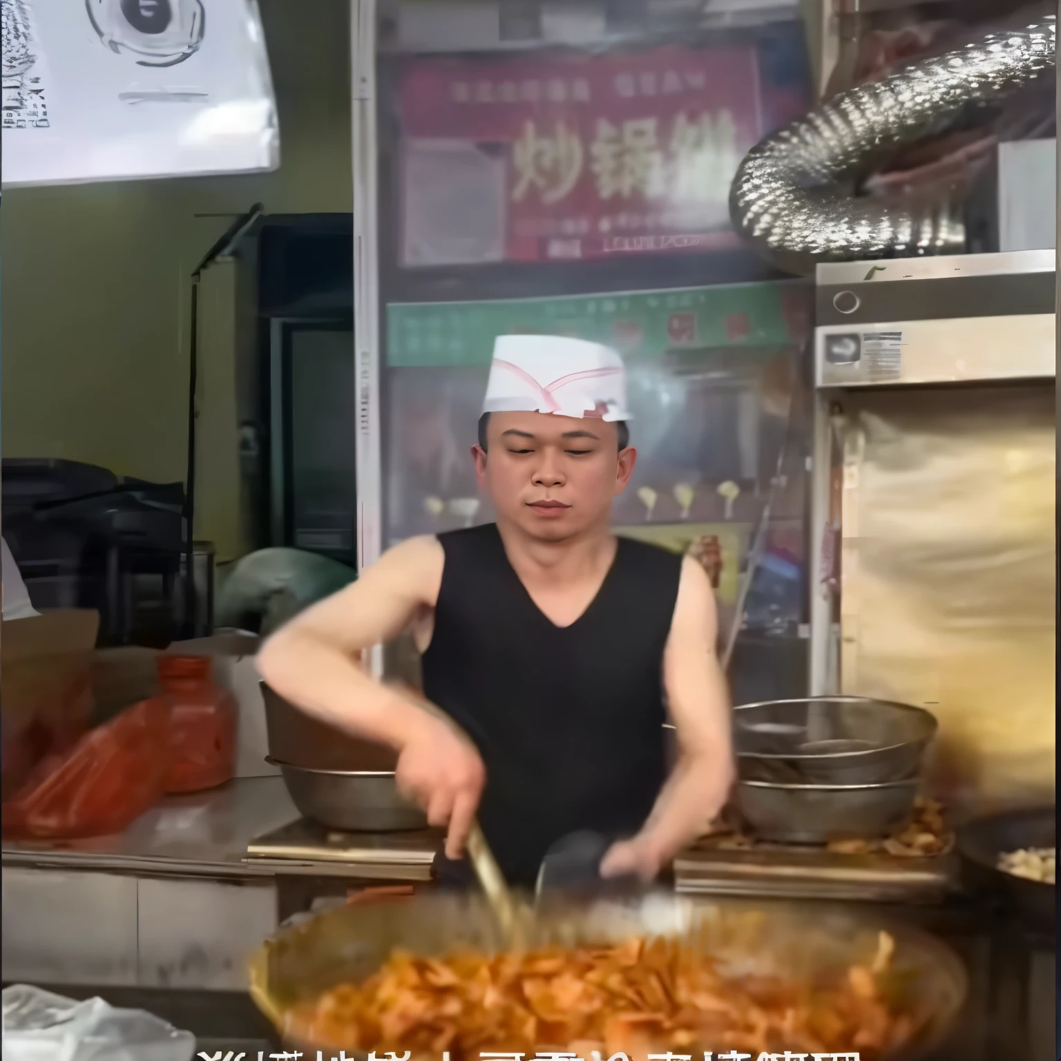 there is a man that is cooking food in a large bowl, cooking show, low quality video, serving fries, the chicken man, wok, best chef, low quality footage, cooking it up, food stall, very very low quality, cooking, gif, cook, tiktok video, very artistic pose, 4 0 9 6, pichacu cooks a squid