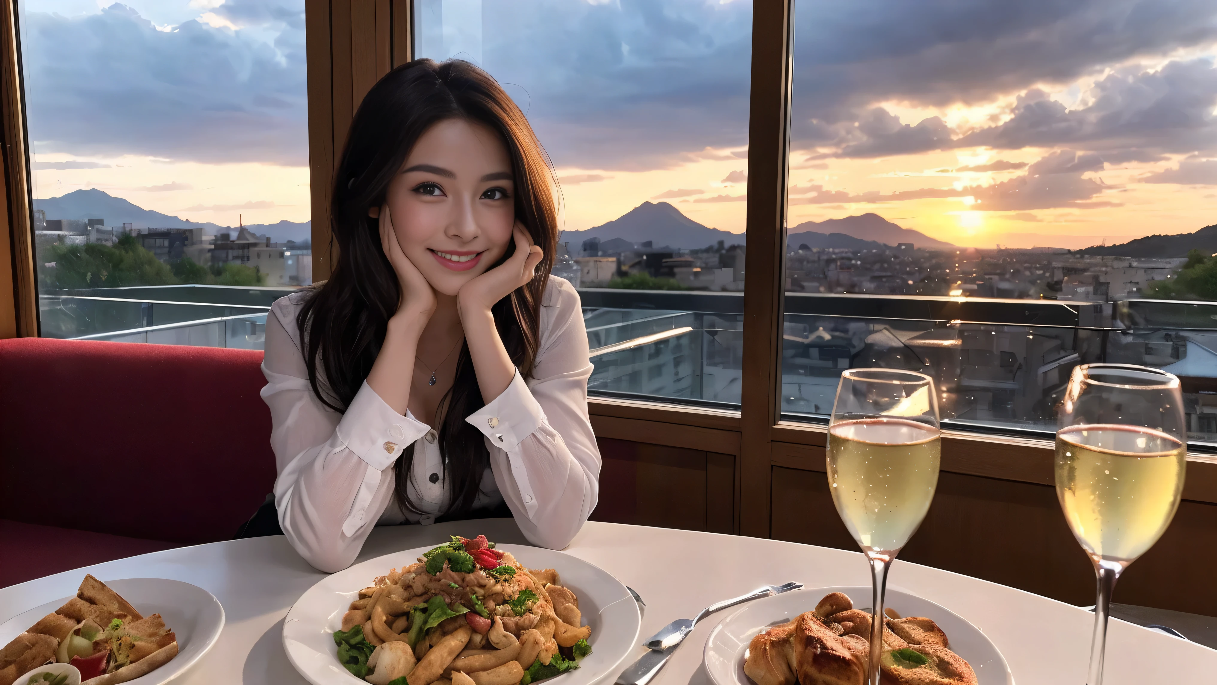 ((highest quality、8k、masterpiece:1.3))、Sharp focus:1.2、Beautiful woman perfect body:1.4、Slim body、((Bob Hale、Straight hair:1.2))、(to be born, highest quality, masterpiece:1.5), (Realistic, Intricate details:1.2), Ultra-high resolution, Spectacular view of the sunset sky and clouds、Amazing mountain views、A bright smile、A lovely woman with a smile、wine glass、red wine 、Bright image、2. Wine Beauties, Beautiful Face, blue eyes, The light shines on your face, Blushing, short hair,Bright face、Fox face、 (36 years old), 39 years old, Lady、hors d'oeuvre、Italian food、wine bottle、Champagne、sparkling wine、two beauties、brown hair、Shortcuts、Long sleeve shirt、dress、Pretty Woman 1, (slim face), (The body is slim), (brown hair), (Shortcuts), cheeks turn a little red,charming beauty、, Out of the window, A beautiful and detailed night view unfolds.........., restaurant, In a prominent place (From the waist up) Nova Frog Style, actress, model, Upper Body, White wine, slim, wine glass, wine glass placed in the middle, smile, (smile: 1.15), Beautiful fine grain, Depth f/2,saturation, High Contrast, Strong light and shadow,Moist Body:1.5、3D texture、Delicate eyes、brown hair、The hair is very shiny、