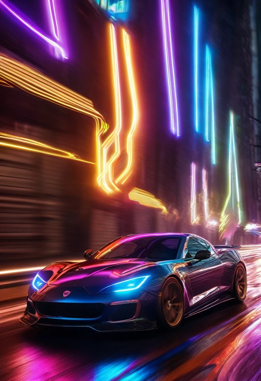 (Motion Blur:1.5), speeding time lapse lightning flash neon car race detailed, detailed matte painting, deep color, fantastical, intricate detail, splash screen, complementary colors, fantasy concept art, 8k resolution trending on Artstation Unreal Engine 5