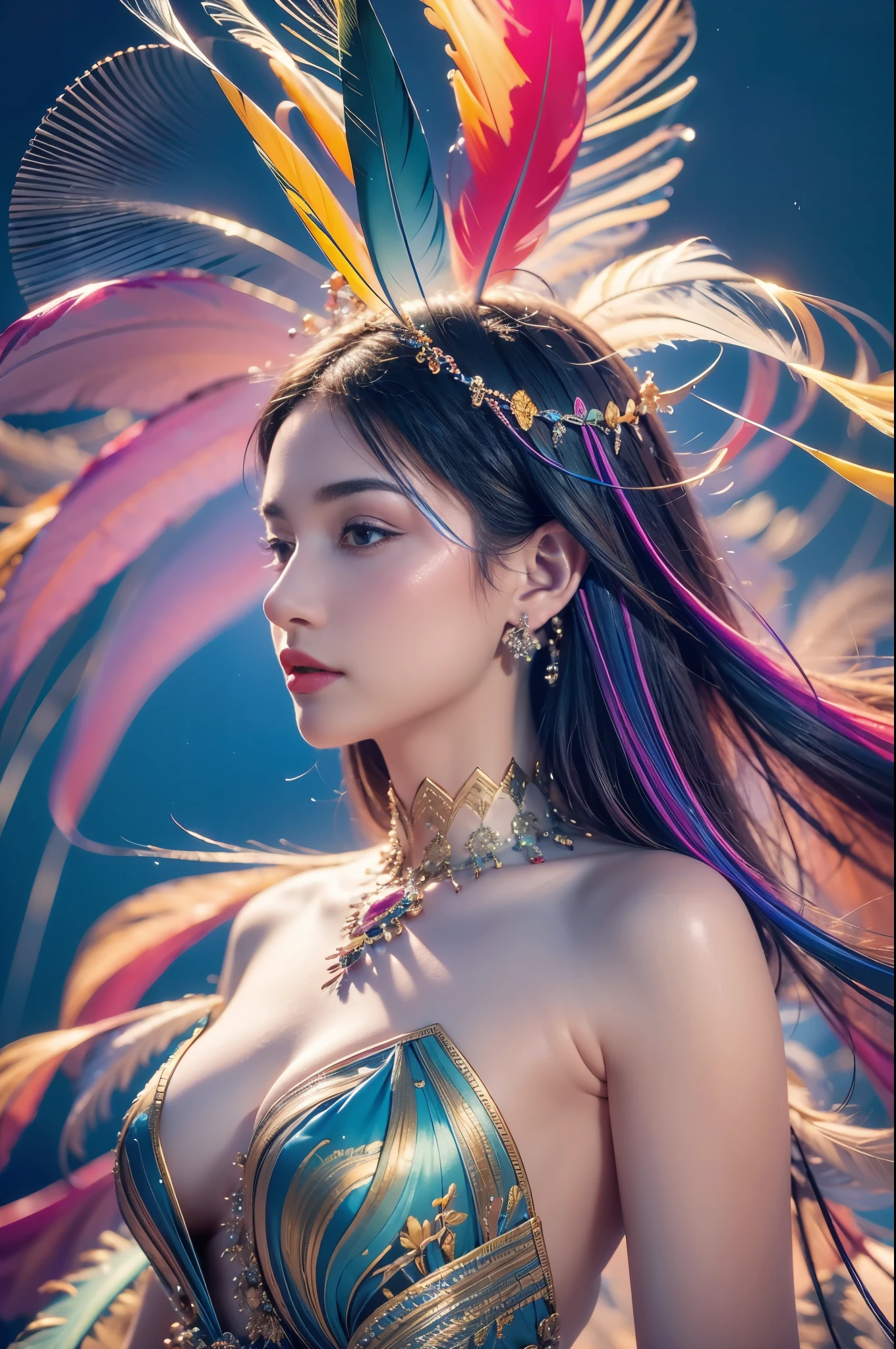 1 sister,(earrings feather:1.2),(tmasterpiece, quality, Best quality, offcial art, Beautiful and beautiful:1.2),very detailed nipples,(s fractal art:1.1),(Colorful:1.1),Feather background,
