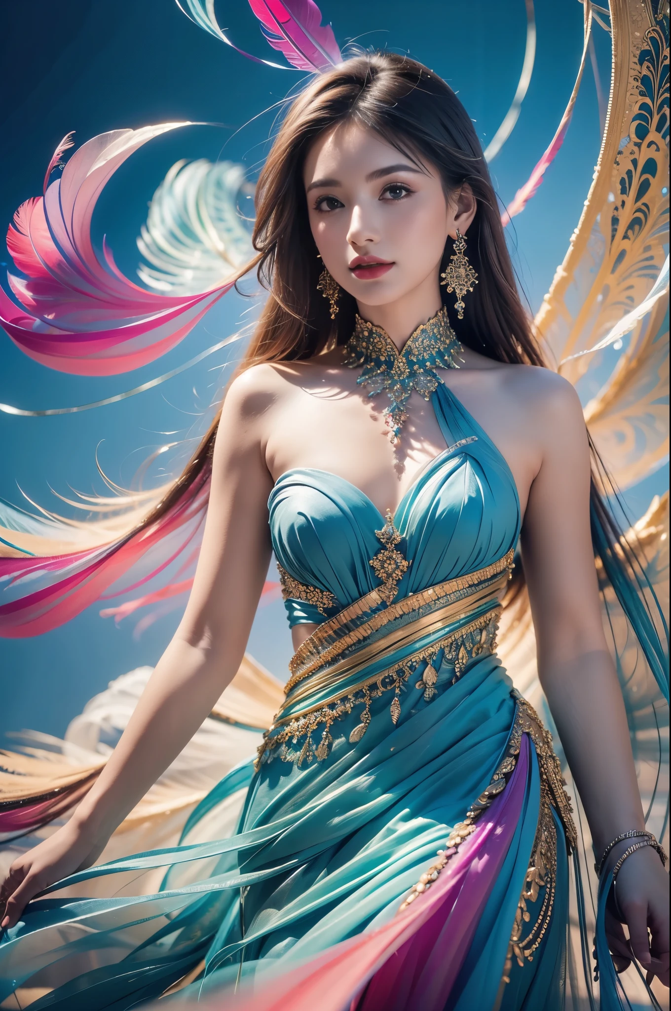 1 sister,(earrings feather:1.2),(tmasterpiece, quality, Best quality, offcial art, Beautiful and beautiful:1.2),very detailed nipples,(s fractal art:1.1),(Colorful:1.1),Feather background,