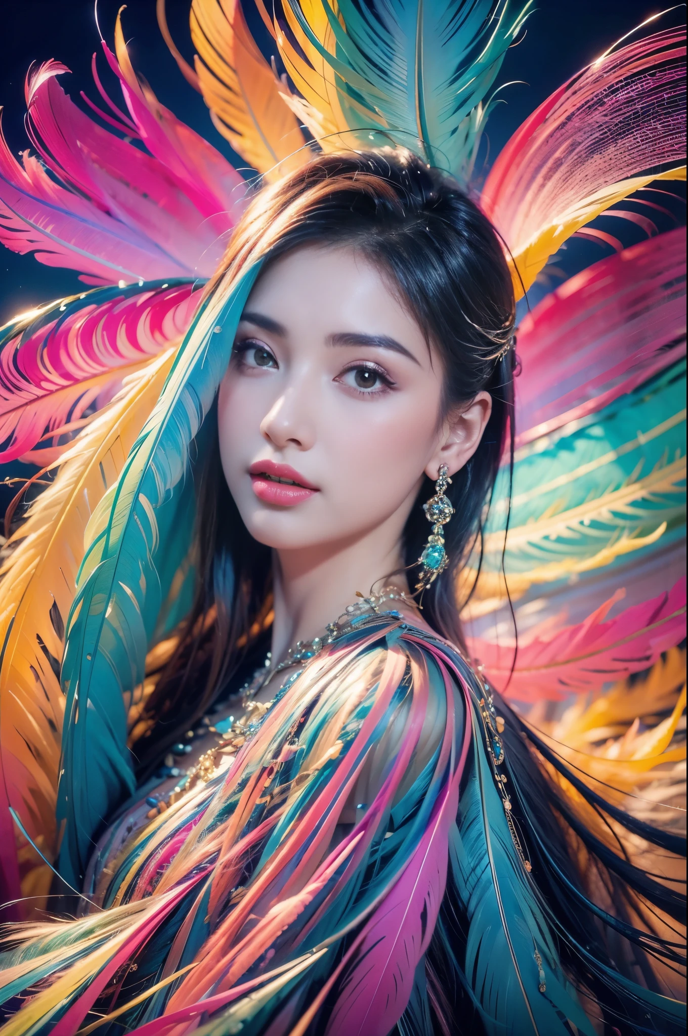 1 sister,(earrings feather:1.2),(tmasterpiece, quality, Best quality, offcial art, Beautiful and beautiful:1.2),very detailed nipples,(s fractal art:1.1),(Colorful:1.1),Feather background,
