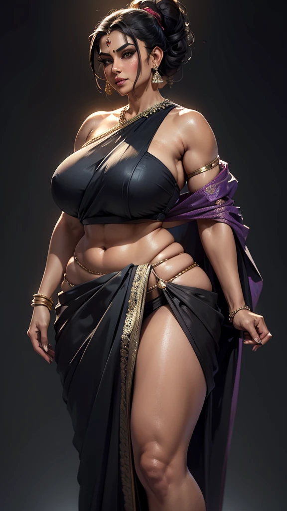 ((slightly far away shot)), a woman standing, image of a stunningly beautiful woman, messy grey ponytail hairstyle, ((Beautiful Indian Woman, wearing hot saree, sari Beauty, gorgeous, Apsara, she is wearing saaree top and saree bottoms, no extra clothing, huge body mommy MILF)), flat black background, top lighting effect (((huge body, huge breasts, huge waist, huge body,)))