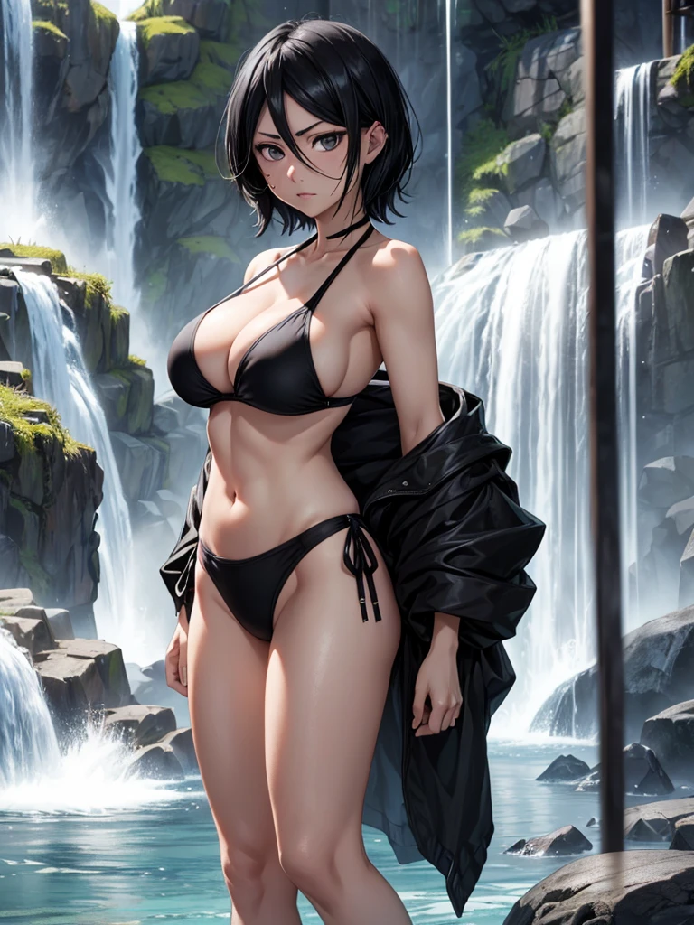 （8k, RAW photos, minino：1.1） ，female，（looki at viewer company），cowboy lens，Japanese，rukia kuchiki/ (bleach\），（black bikini：1.1），La Brett Piercing，cleavage，(((black bikini)))，Be red on the face, full body photo, standing, seductive, lean, muscular legs, muscular belly. black hair，short hair, huge breasts, Professional lighting、photon mapping、physics-based rendering、dark theme，in front of a waterfall