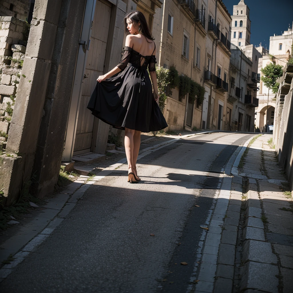 sassi_di_matera, (a religious woman climbs a country road towards a church in the hills), a church at the top of the hill, ((gorgeous Lady walking in the streets of Matera. 1woman wearing a night black dress with open back)), atmospheric oliva lighting, 4k UHD, dark vibes, hyper detailed, vibrant colours red sky background, epic composition, octane render, sharp focus, high resolution isometric, wide angle. (sassi_di_matera)