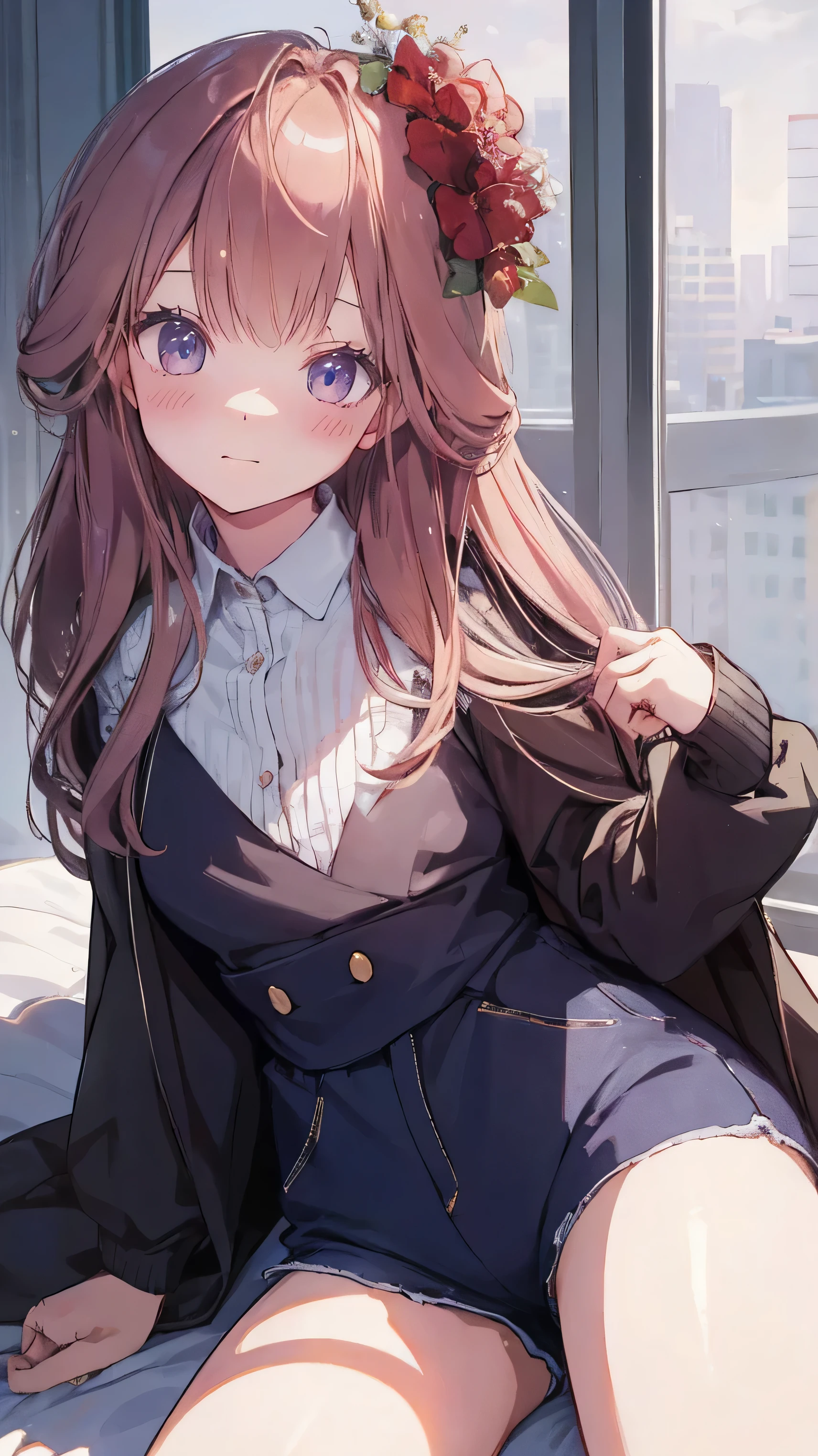 Masterpiece、Highest quality、highest quality、 Shiny hair quality、Small face、Sitting、Super detailed and beautiful bright eyes、Ultra-detailed, clear and beautiful faces、(cute illustration:1.2), High-resolution, ultra-detailed, best quality, embarrassed、(cute underwear)、(Gaps in shorts)