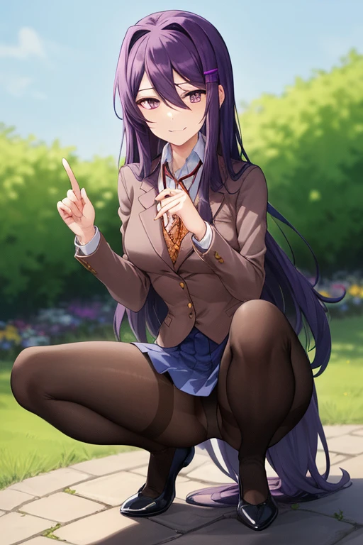2d, masterpiece, white panties, slim body, slim legs, spread legs, best quality, ((full body)), full pose, anime, highly detailed, cowboy shot, 1girl, solo, yuri, purple hair, purple eyes, long hair, hair between eyes, hairclip, , blazer, brown sweater, collared shirt, neck ribbon, blue skirt, black pantyhose:1.2, black laofers:1.2, clenched hands, smile, squatting:1.3, garden background,