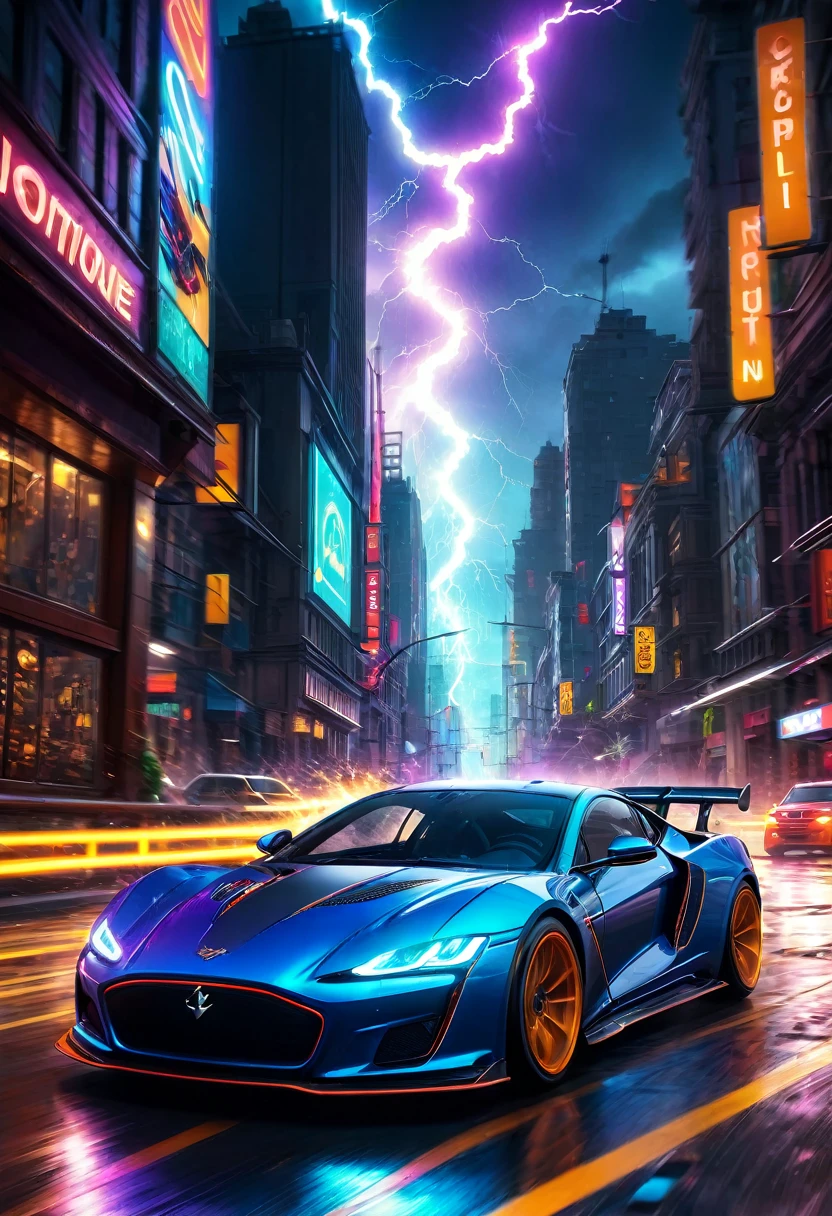 (Motion Blur:1.5), speeding time lapse lightning flash neon car race detailed, detailed matte painting, deep color, fantastical, intricate detail, splash screen, complementary colors, fantasy concept art, 8k resolution trending on Artstation Unreal Engine 5