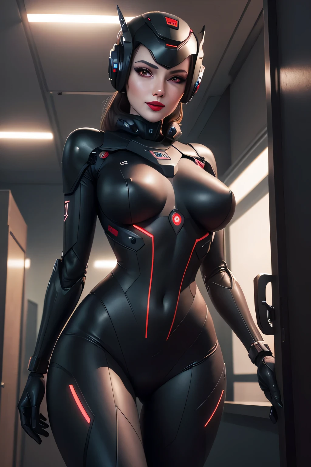 A female spy robot infiltrates an office late at night　Mechanical body　There is an antenna on the head　The background is a late-night office, evil smile, red lips, glowing eyes, UHD, retina, masterpiece, ccurate, anatomically correct, textured skin, super detail, high details, high quality, award winning, best quality, highres