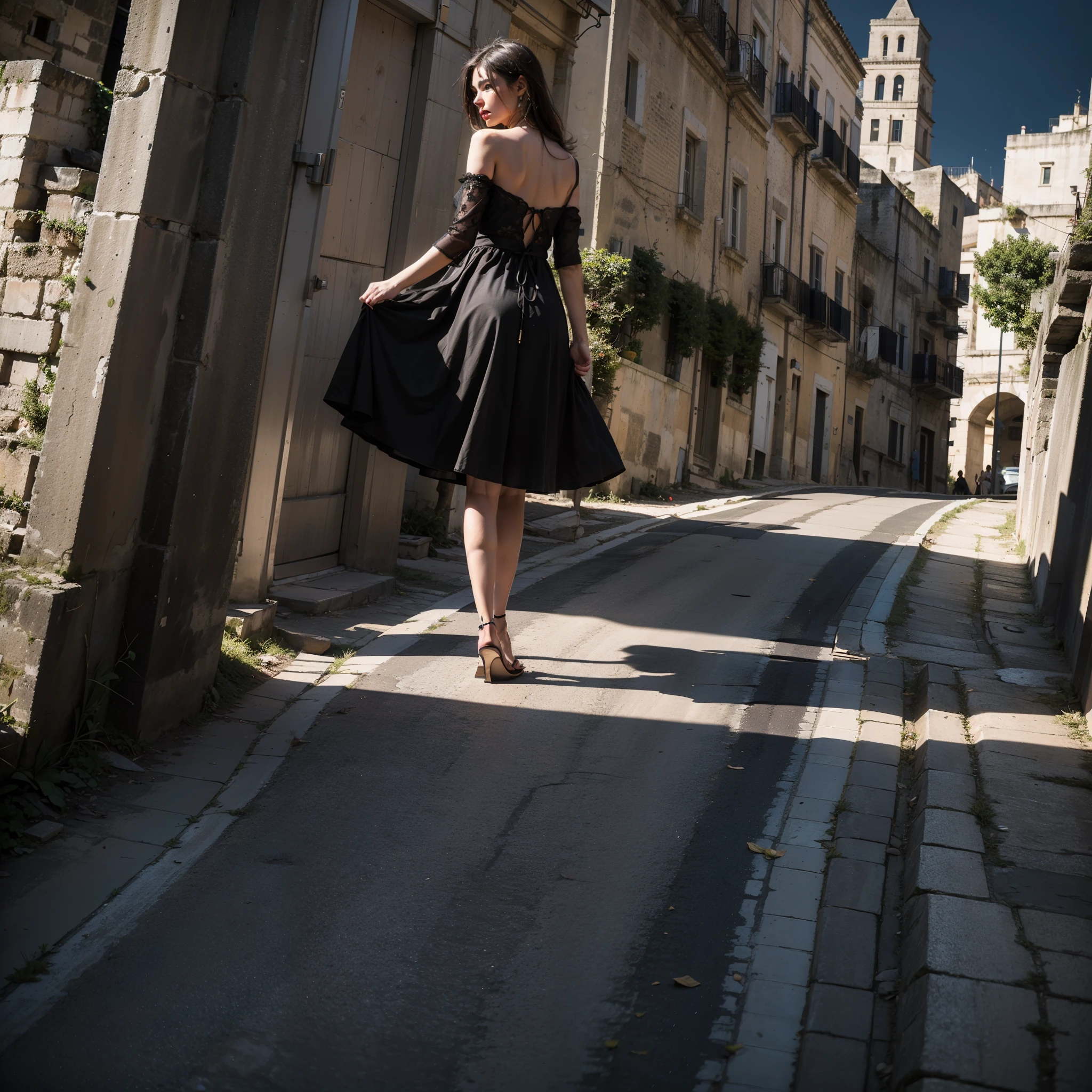 sassi_di_matera, (a religious woman climbs a country road towards a church in the hills), a church at the top of the hill, ((gorgeous Lady walking in the streets of Matera. 1woman wearing a night black dress with open back)), atmospheric oliva lighting, 4k UHD, dark vibes, hyper detailed, vibrant colours red sky background, epic composition, octane render, sharp focus, high resolution isometric, wide angle. (sassi_di_matera)