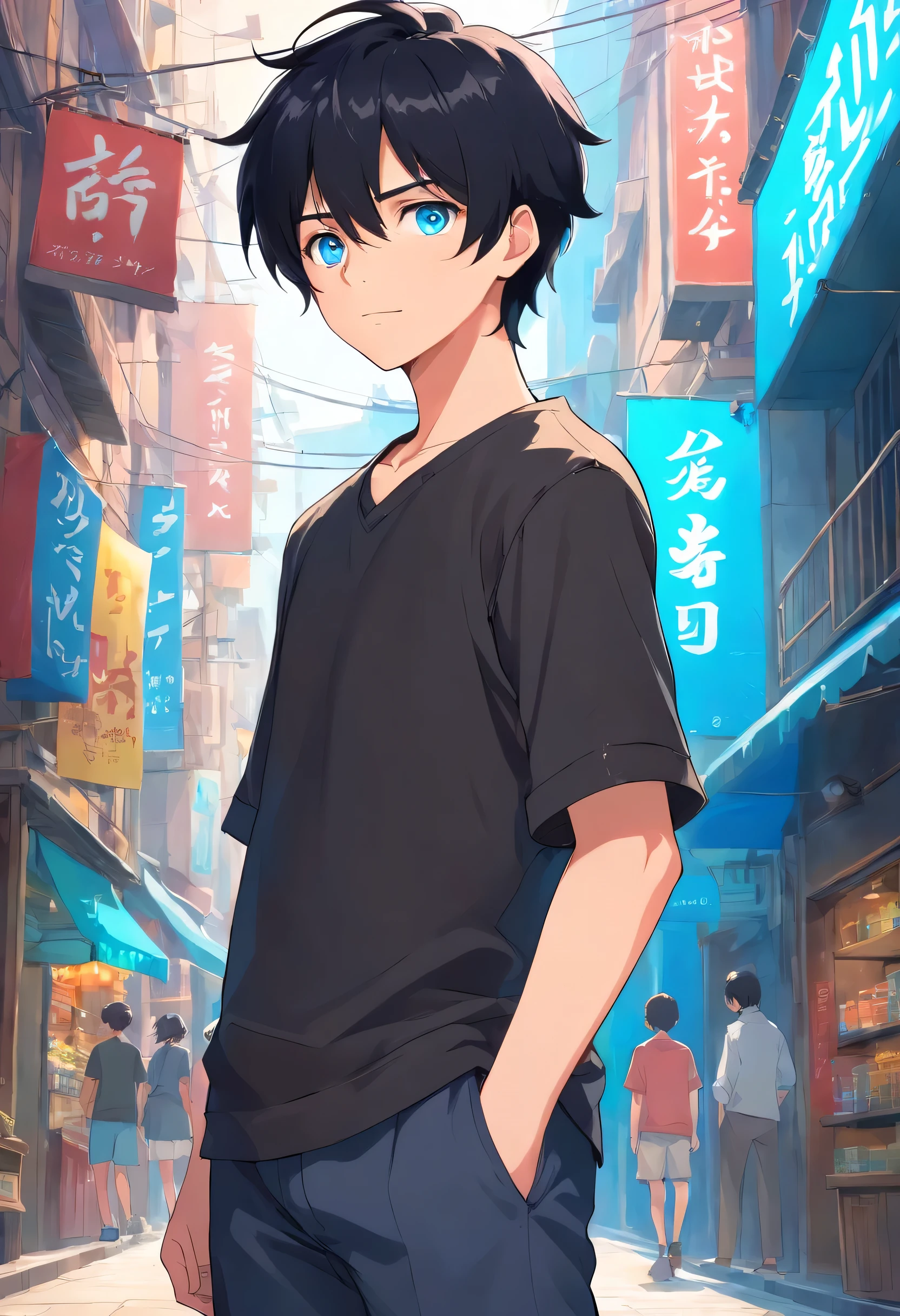 fullbody shot ,various angles.Black hair, Anime style, Character Chart, One-person viewpoint, Anime boy with UHD black hair and black shirt, young anime man, anime moe art style, Anime Boy, Smooth Anime CG Art, Male anime style, artwork in the style of guweiz, A cute boy,rainbows,Anime portrait of a handsome man, digital anime illustration, Short anime guy with blue eyes, male anime characters, boy has short black hair,nffsw,