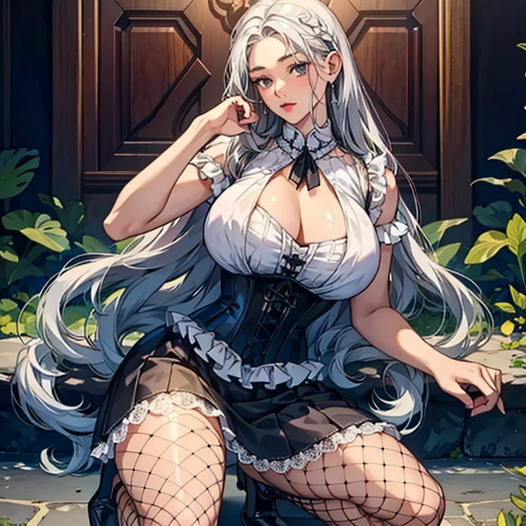 (High resolution)),((Game CG)),(masterpiece),(highest quality), (Very detailed),shape,((Very delicate and beautiful)),　, Very embarrassed look,Looking at the audience,(((18-year-old female)),((whole body)),Detailed face and eyes,Jewel-like eyes,(Loosely braided long hair),,,(Super huge breasts,Long and slightly saggy breasts,）　　Silver hair and black eyes　　　　Plump body, fishnet stockings, lady, cute gorgeous dress, corset, one knee up