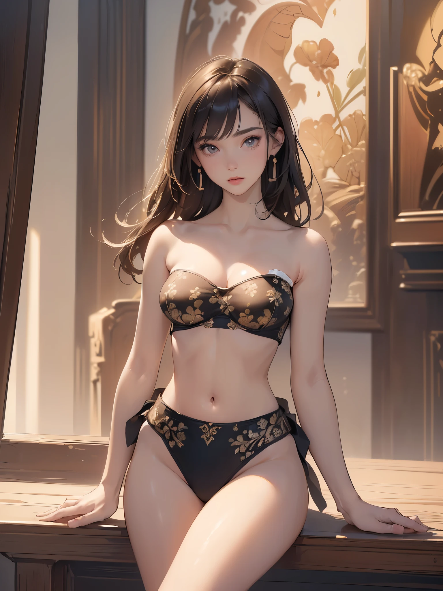 ((highest quality)),(Ultra-high resolution),(Very detailed),(Detailed Description),((The best CG)),(A masterpiece),Ultra-precise art,amazing drawing art,(Art with precise detail:1.5), (woman:1.7),(Crop Top Strapless Tube Top Bra:1.6),(high leg bikini swimsuit:1.4)