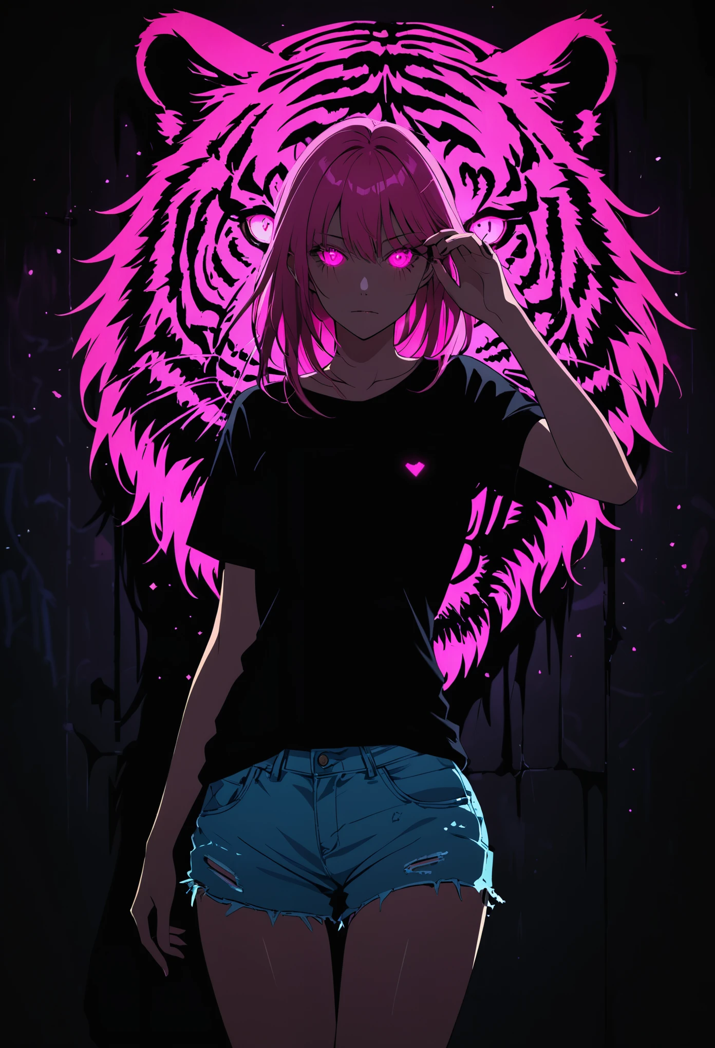 (Portrait of a mysterious giant Tiger)，indoor，Fluorescent illumination， (((Darkness shrouded, black background, shadow, extreme darkness, Dark atmosphere))),，Wall background，black background，silhouette，shadow，extreme darkness，Minimalist graffiti style background，Fluorescent pink eye graffiti，Dark atmosphere，cowboy shot,1girl,Oversized black T-shirt，Medium Breast，Waistless T-shirt，underboob，blurred background，Blurred foreground，Pink fluorescent hair，Fluorescent pink eyes，Hand raised and touching hair，long hair，Messy hair，Low rise denim shorts，Over-the-knee boots，pink eye shadow，Ruined eyeshadow，Poker face