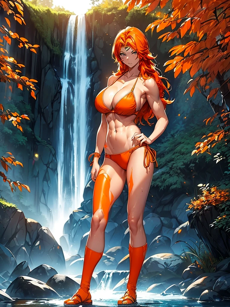 (8k, RAW photos, minino:1.1) ,female,(looki at viewer company),cowboy lens,Japanese,rangiku matsumoto/ (bleach\),(orange bikini:1.1),La Brett Piercing,cleavage,(((orange bikini))),Be red on the face, full body photo, standing, seductive, lean, muscular legs, muscular belly.orange hair,big breasts, Professional lighting、photon mapping、physics-based rendering、dark theme,in front of a waterfall