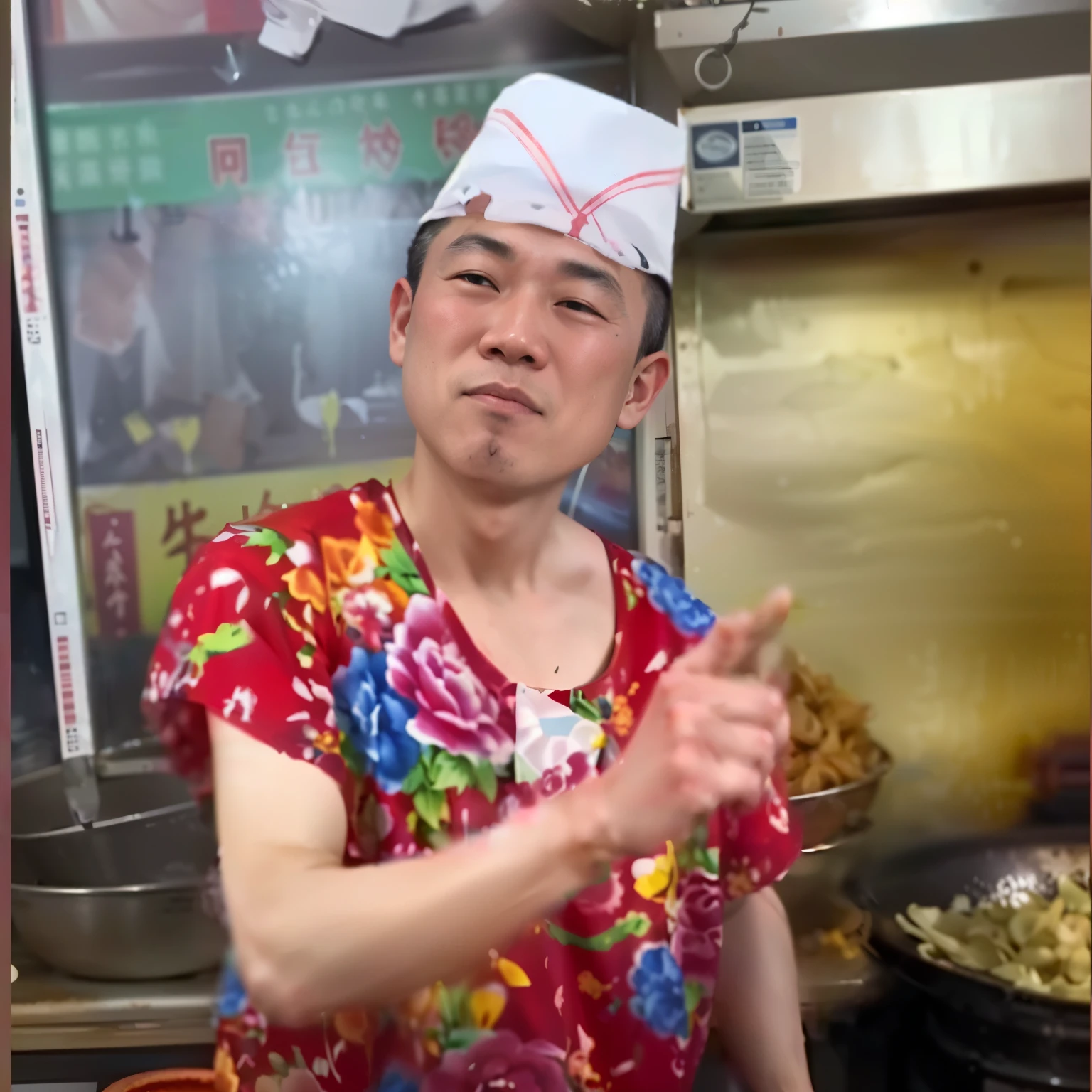 there is a man in a red shirt and a white hat, low quality video, cooking show, the shaman of the subway, inspired by Pan Tianshou, youtube video screenshot, best chef, bo chen, hua cheng, Chiba Yudai, pichacu cooks a squid, inspired by Chen Daofu