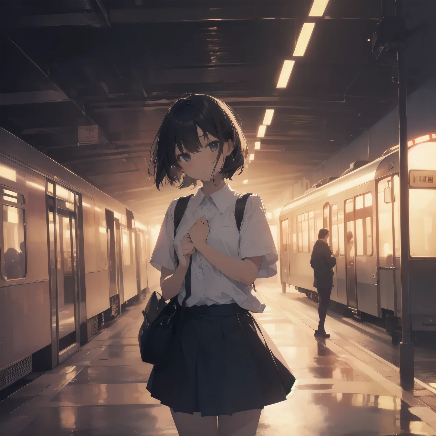 ultra-absurdres-Top quality by artist God, ultra-detailed, high resolution, anime moe artstyle, best anime 8k konachan wallpaper, pixiv contest winner,pool:2810, perfect anatomy,break, 1girl, (Please draw a girl walking sleepily to school alone. )break,(Solo,little female, 13-year-old:1.3),Full limbs, complete fingers,a junior high school student,  (very short hair), short cut, flat chest, , small butt, small black eyes, beautiful detailed eyes, well-proportioned iris and pupils, expressive eyes, highres detailed hair, soft expression, school_uniform, official_alternate_costume, pleated skirt,(Detailed Lighting), (Detailed background), in the School commute route. break,super detailed skin, Best cinematic lighting powered by famous artist, 8k,beauty illustration,photoshop_(medium),very aesthetic,break,((artist:kou_hiyoyo )), artist:akinashi yuu ,artist:oyari ashito ,artist:kantoku ,