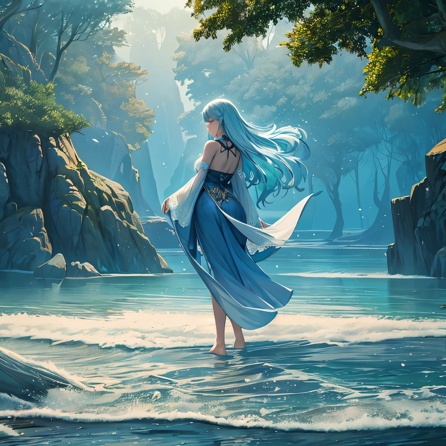 Amidst the ebb and flow of the tranquil tide, a captivating young woman named Alraune indulges in the serene beauty of the moment. Her ethereal split-color hair, reminiscent of the delicate petals of a luxary, dances in the gentle breeze, adorned with intricate details and ornamental flourishes.
With the sun casting perfect lighting upon her, Alraune's hair glows with an iridescent sheen, meticulously shaded to bring out the depth and texture of its random waves. As she stands in the shallows, she gazes upon the endless expanse of the ocean, her beautiful features framed by her
