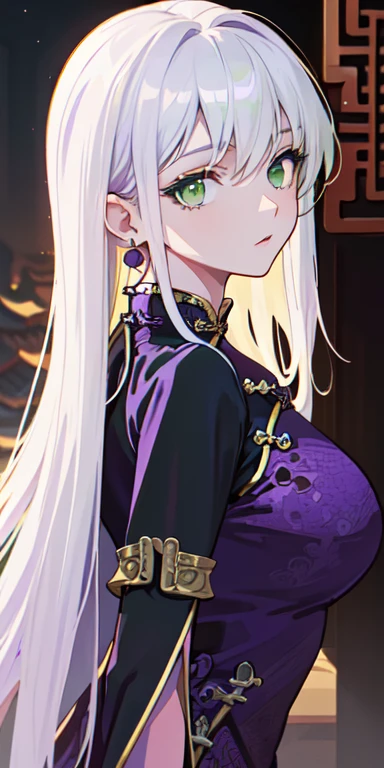 masterpiece,best quality,Game CG, 1 girl,Long hair,(Green eyes :1.5) break (white long hair :1.5) break (purple Chinese dress :1.5),Long sleeve,Jewelry,earrings,black cloak,,solo,Looking at the audience,Upper body,Anime Coloring,