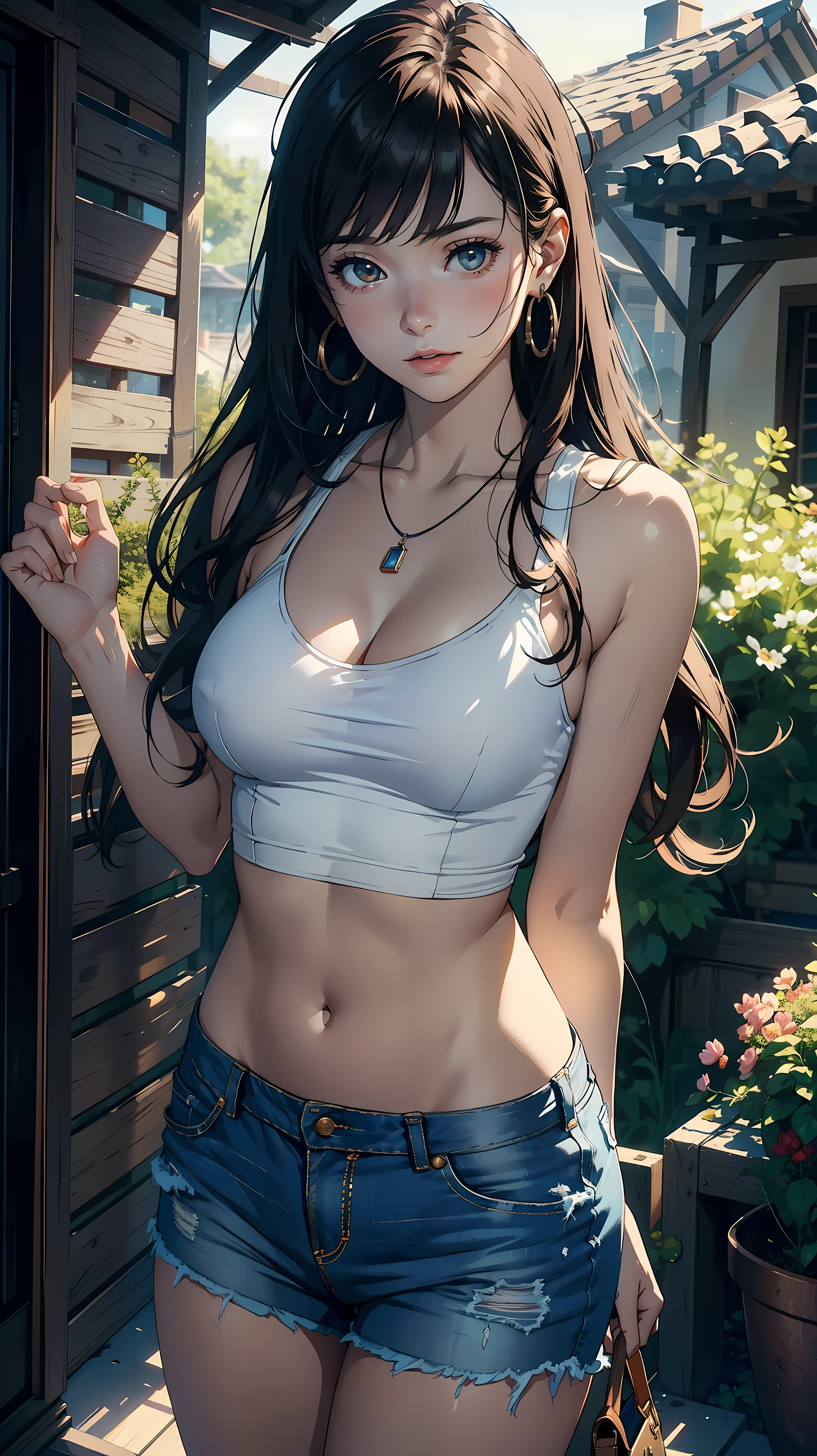 1 female,20-year-old, alone,(With background:garden, In the summer season) , brown hair, medium hair, straight hair, bangs, Are fat, long legs, naked tits, naked nipples, belly button, (((masterpiece),(Highly detailed CG Unity 8K wallpaper),highest quality,cinematic lighting,detailed background,(very elegant and beautiful),(Beautiful and delicate depiction of eyes),Super detailed,masterpiece)),High resolution,Super detailed), (wear:Transparent tank top, Short jeans skirt, necklace, earrings), hands up, hands behind head