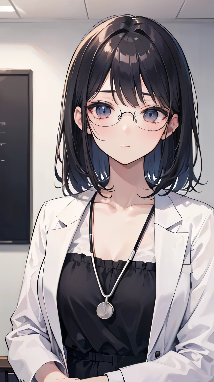 ((Best quality, 8k, Masterpiece: 1.3)), Highly detailed face and skin texture, Detailed eyes, Female doctor, physician, hospital, woman wearing a white coat, black hair, eyeglasses