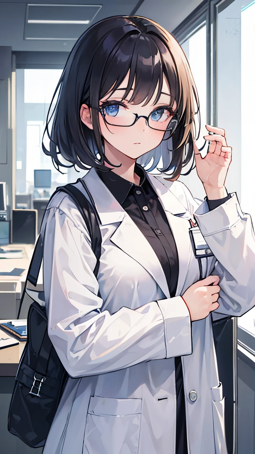 ((Best quality, 8k, Masterpiece: 1.3)), Highly detailed face and skin texture, Detailed eyes, Female doctor, physician, hospital, woman wearing a white coat, black hair, eyeglasses