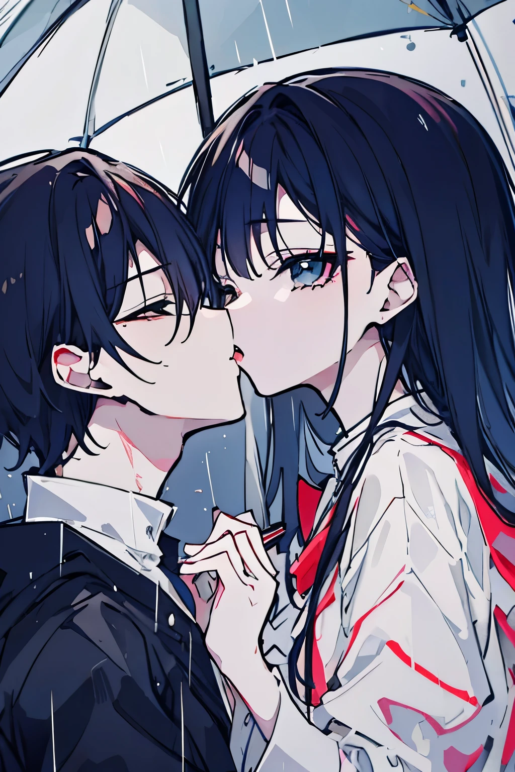 ((best quality)), ((masterpiece)), (detailed), perfect face high definition of anime couple kissing in the rain with umbrella in the background、Clean image quality、Perfect image quality、 highest quality、Perfect quality、Small eyes and small hands、