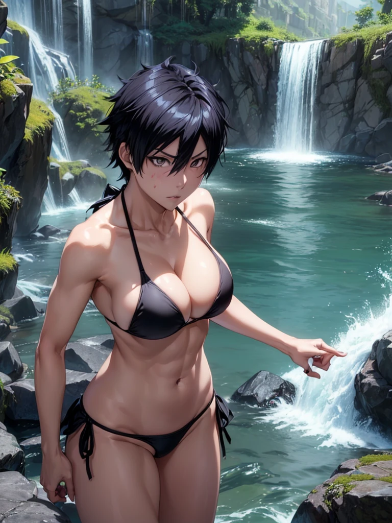(8k, RAW photos, minino:1.1) ,female,(looki at viewer company),cowboy lens,Japanese,tatsuki arisawa/ (bleach\),(black bikini:1.1),La Brett Piercing,cleavage,(((black bikini))),Be red on the face, full body photo, standing, seductive, lean, muscular legs, muscular belly.black hair,short hair, big breasts, Professional lighting、photon mapping、physics-based rendering、dark theme,in front of a waterfall