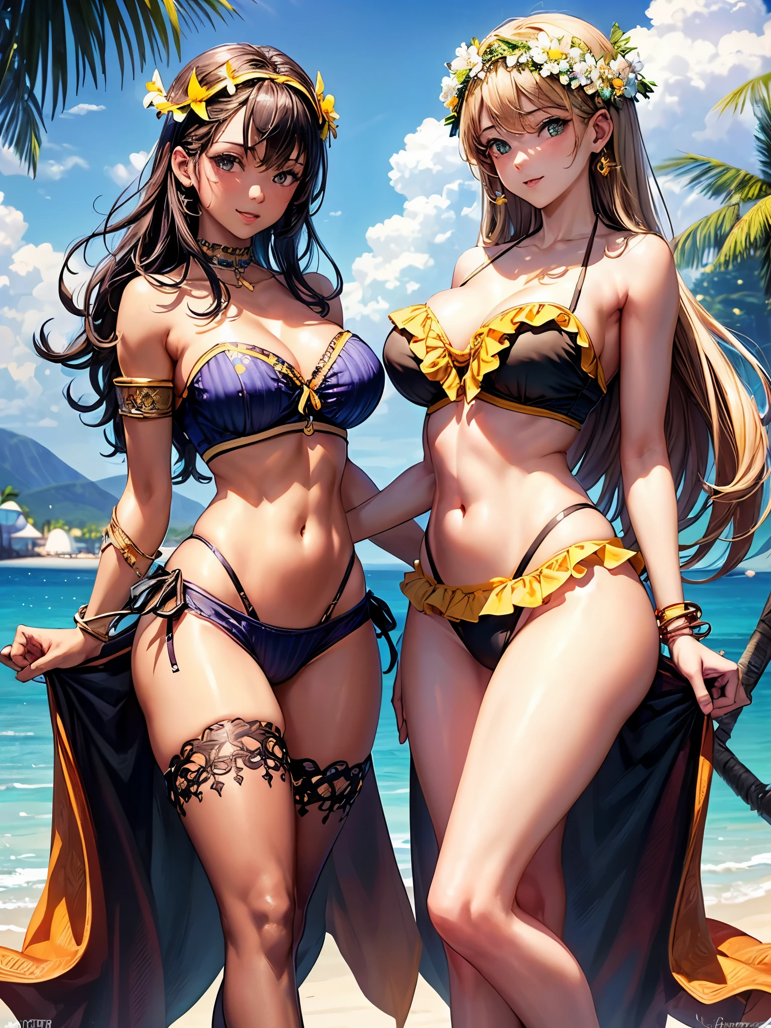 ((highest quality)),(Ultra-high resolution),(Very detailed),(Detailed Description),((The best CG)),(A masterpiece),Ultra-precise art,amazing drawing art,(Art with precise detail:1.5), (woman:1.7),(Crop Top Strapless Tube Top Bra:1.6),(high leg bikini swimsuit:1.4), (Midsummer Beach:1.8),