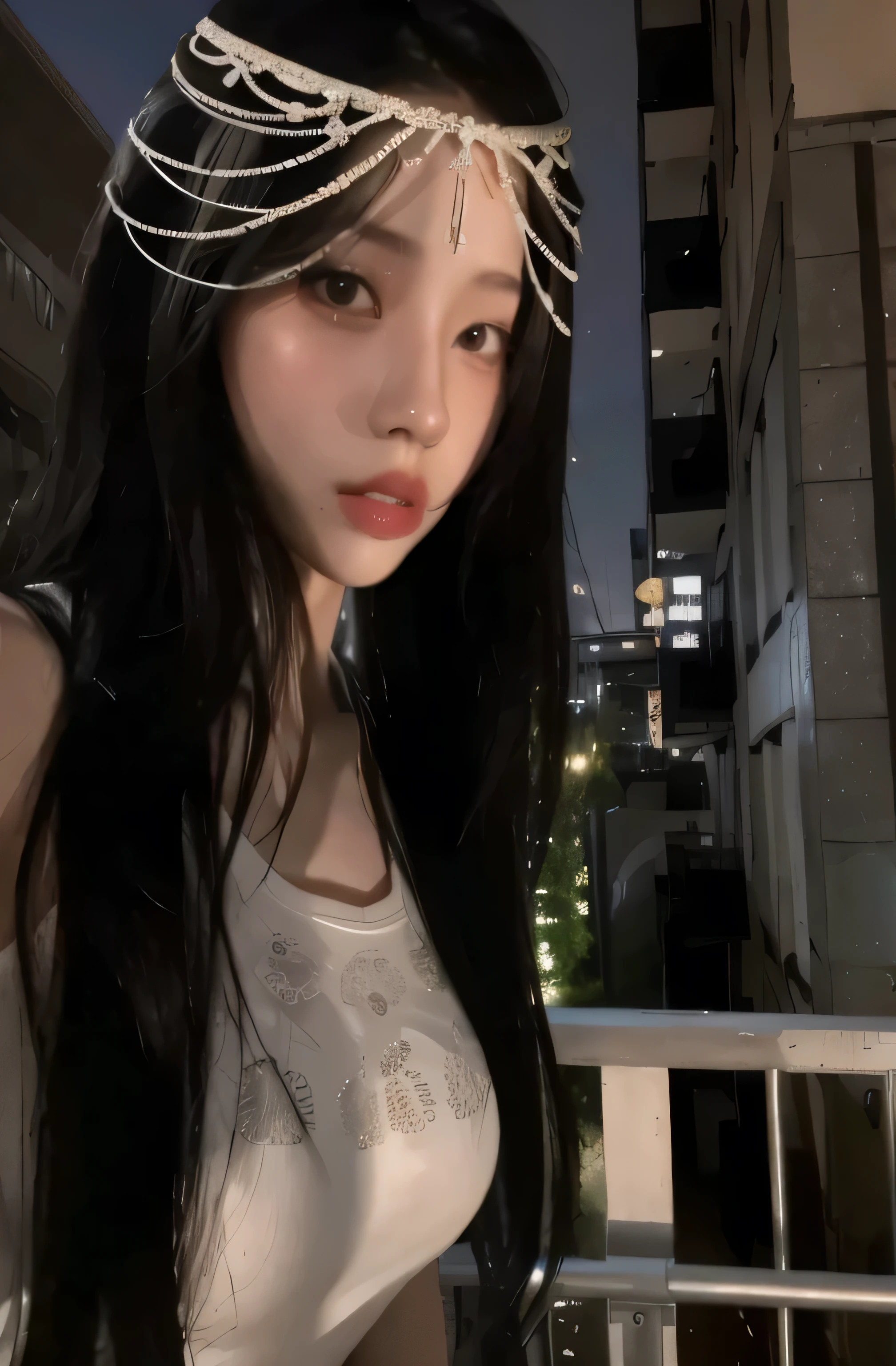 Araffe Asian woman with long black hair wearing a headdress, ulzzang, 8k selfie photography, muchacha coreana, hermosa joven coreana, pale, snow-white skin, hermosa joven coreana, cruel korean gothic girl, German bokeh of 8K art, hermosa mujer surcoreana, peinado de corte hime blanco, pale porcelain white skin, con el pelo largo y blanco