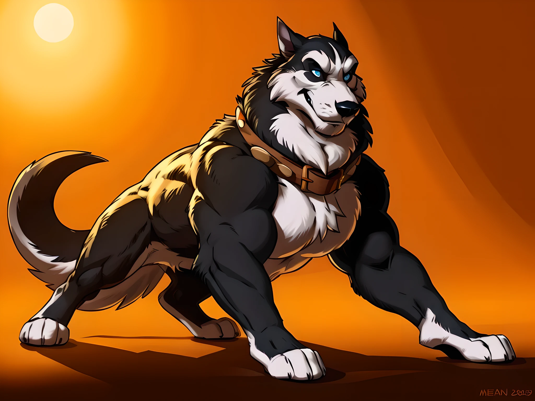 Steele_\(Balto\), 4k, high resolution, best quality, detailed, posted on e621, solo, (feral body, feral, quadruped, wide chest, pectorals):1.5, older male, masculine, male, very masculine, (very muscular, defined muscles, heavyweight, muscular front legs, muscular hind legs, muscular neck):1.2, (plain background:1.1), correct anatomy, paws, (blue eyes, detailed eyes:1.1), sexy, (cel shaded, cartoony shading, strong shadows, dramatic lighting):1.3, confident, (by wfa, by takemoto arashi, by meesh, by Taran Fiddler), strong, big collar, detailed collar, big tail, white fur, black fur