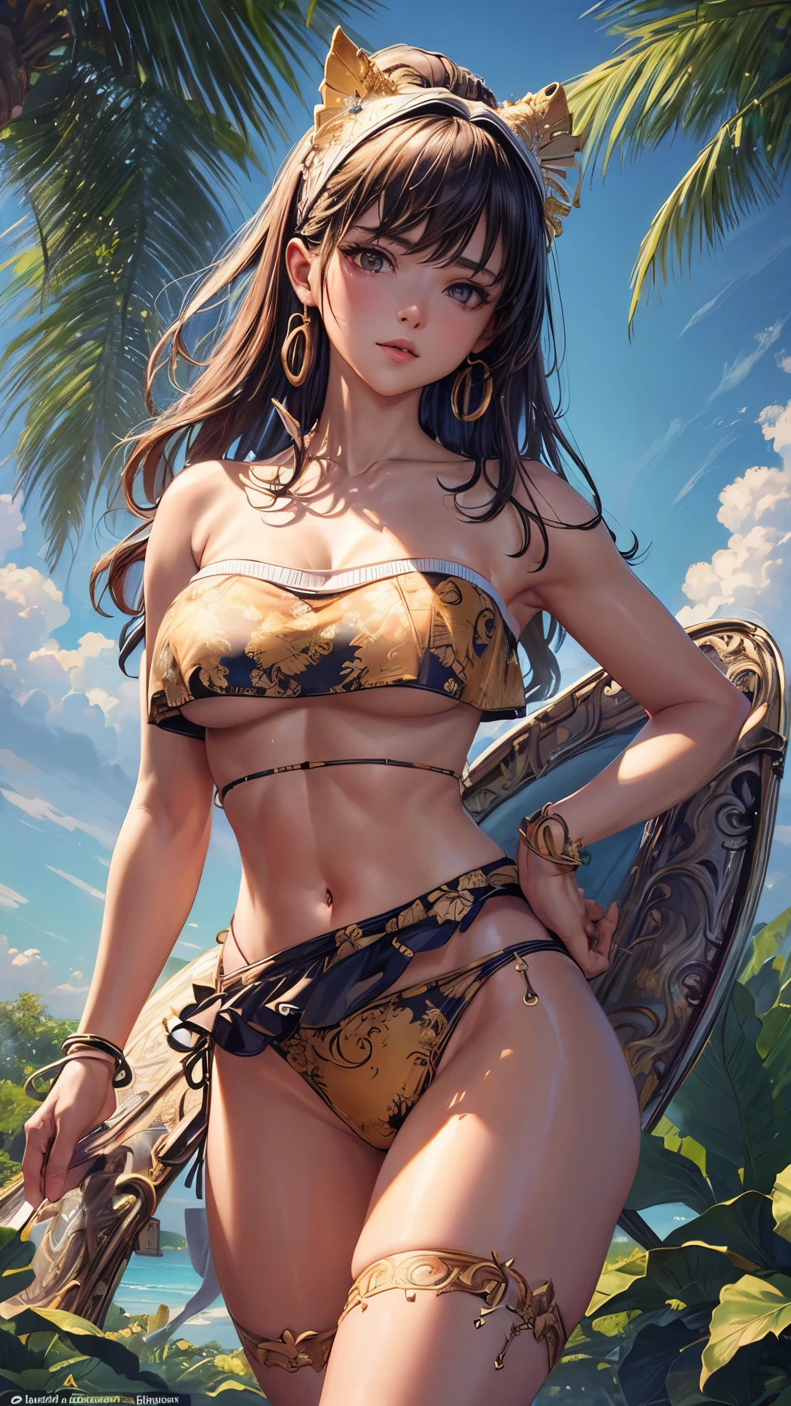 ((highest quality)),(Ultra-high resolution),(Very detailed),(Detailed Description),((The best CG)),(A masterpiece),Ultra-precise art,amazing drawing art,(Art with precise detail:1.5), (woman:1.7),(Crop Top Strapless Tube Top Bra:1.6),(high leg bikini swimsuit:1.4), Midsummer Beach,