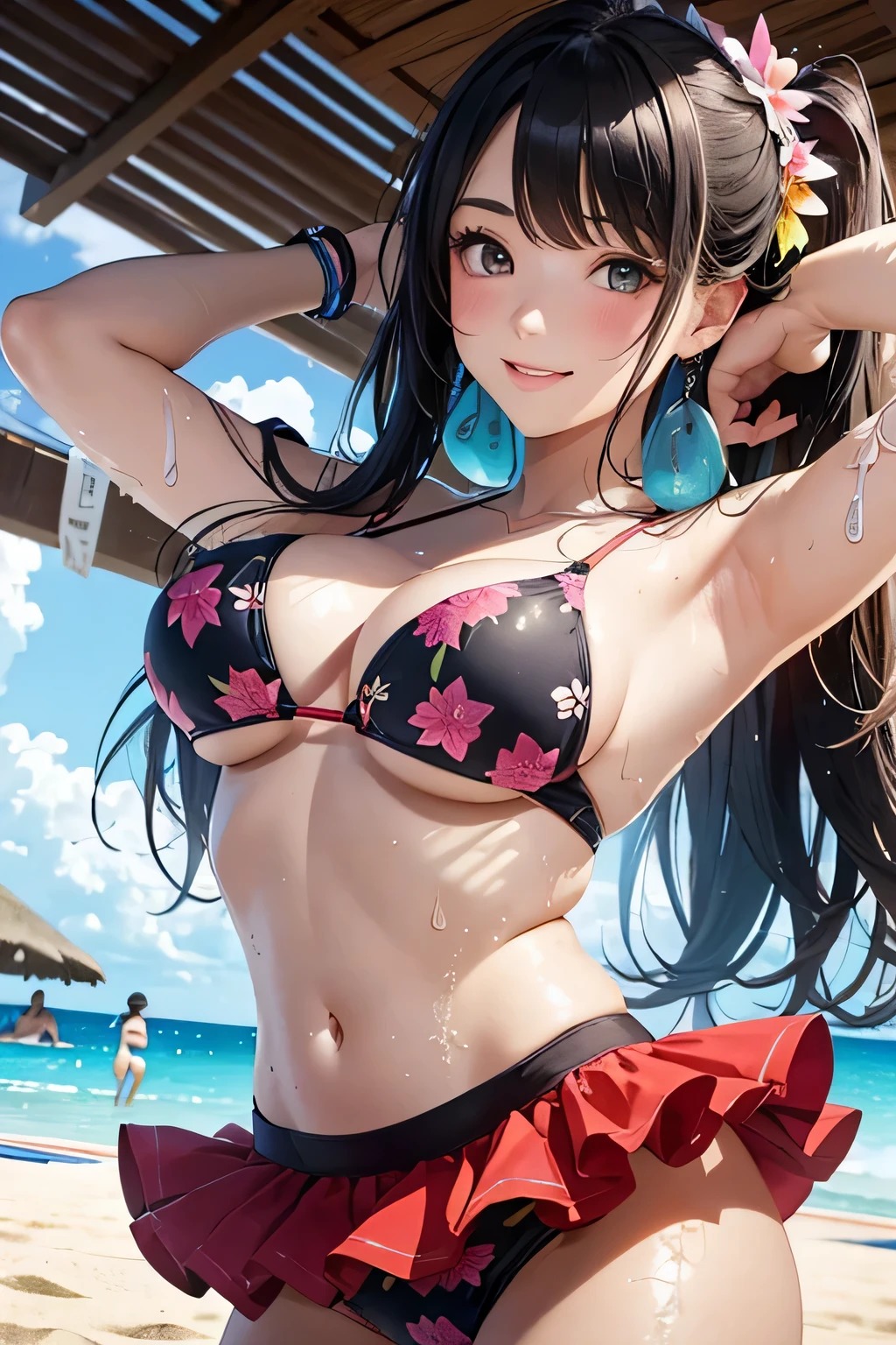 (highest quality:1.4)、(High resolution)、Detailed Background、(Detailed beautiful face:1.4)、Beautiful face in every detail、Anatomically correct、(Depict the normal number of fingers:1.2)、Beautiful fingers、Realistic、Beautiful age girl、(Three Women)、(Huge breasts:1.3)、
Bright inner hair color、Braided Ponytail、Braided long hair、Perfect body line、Attractive thighs、Show off your attractive armpits、sunny day、Looks like a fun atmosphere、Cowboy Shot、
(Three beautiful girls swimming on the beach:1.5)、
playfully splashing water on each other、Excited expression、smile、Laughing with your mouth open、sexual expression、Wet swimsuit、Wet swimsuitが光る、My whole body is wet、My hair is wet too、(Underboob:1.3)、
A one-piece swimsuit with a skirt gives off a feminine and cute look.、
Colorful designs such as floral and fruit patterns are popular.、
Some skirts are decorated with frills or lace.、
Some come with straps or ribbons, or have animal prints or character designs.、
There are many cute designs of bikini style swimsuits.、
The combination of tops with frills or character prints and bottoms with colorful patterns is popular.、
A tankini is a style of swimwear that combines a bikini top and shorts.、
It can hide your stomach, so you can wear it with confidence even if you are not confident in your girl's body shape.、cute