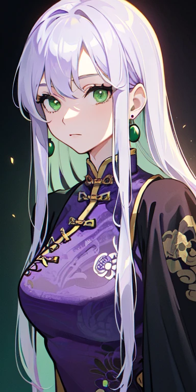 masterpiece，best quality，Game CG, 1 girl，Long hair，(Green eyes :1.5) break (white long hair :1.5) break (purple Chinese dress :1.5)，Long sleeve，Jewelry，earrings，black cloak，，solo，Looking at the audience，Upper body，Anime Coloring，Wizard outfit，额头Jewelry，