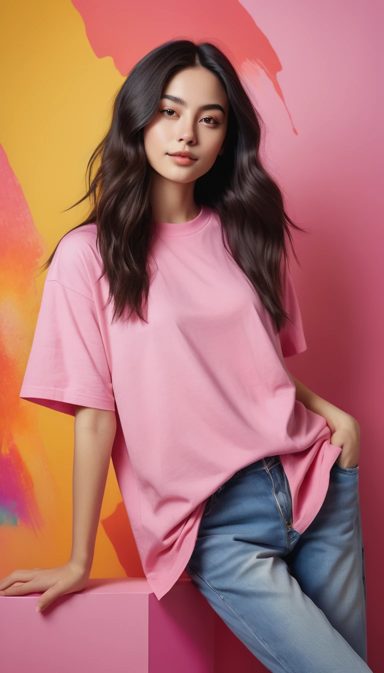 Cinematic fullbody photo Gen-Z fashion-focused young american lady with cascading long dark hair, donned in an oversize, heavyweight blank pink t-shirt , small crew neck, vibrant backdrop assembled with acrylic abstract of cheerful colors, wrinkle detail, fabric texture, shadowing, shirt size, ultra HD, lifelike aesthetic, high saturation, superior detail, balanced composition, ultra realistic, photorealistic, fine detail, ultra detais, 16K, kodak portra 400. By DL ⭕