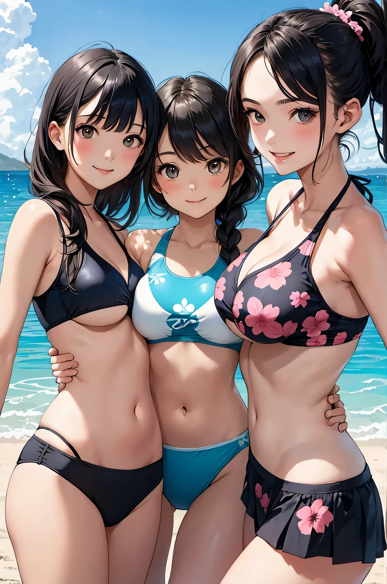(highest quality:1.4)、(High resolution)、Detailed Background、(Detailed beautiful face:1.4)、Beautiful face in every detail、Anatomically correct、(Depict the normal number of fingers:1.2)、Beautiful fingers、Realistic、Beautiful age girl、(Three Women)、(Huge breasts:1.3)、
Bright inner hair color、Braided Ponytail、Braided long hair、Perfect body line、Attractive thighs、Show off your attractive armpits、sunny day、Looks like a fun atmosphere、Cowboy Shot、
(Three beautiful girls swimming on the beach:1.5)、
playfully splashing water on each other、Excited expression、smile、Laughing with your mouth open、sexual expression、Wet swimsuit、Wet swimsuitが光る、My whole body is wet、My hair is wet too、(Underboob:1.3)、
A one-piece swimsuit with a skirt gives off a feminine and cute look.、
Colorful designs such as floral and fruit patterns are popular.、
Some skirts are decorated with frills or lace.、
Some come with straps or ribbons, or have animal prints or character designs.、
There are many cute designs of bikini style swimsuits.、
The combination of tops with frills or character prints and bottoms with colorful patterns is popular.、
A tankini is a style of swimwear that combines a bikini top and shorts.、
It can hide your stomach, so you can wear it with confidence even if you are not confident in your girl's body shape.、cute