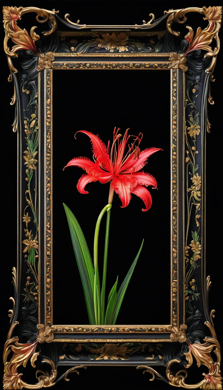 Black background Fits within the frame Baroque frame at the top center Red spider lily Does not protrude
