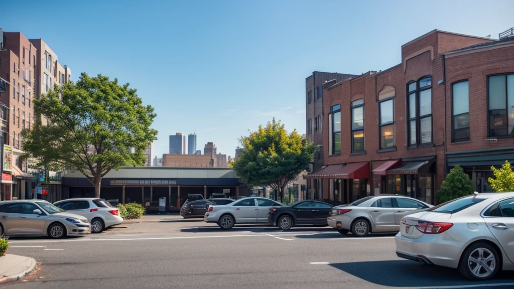 3d photorealistic image of landscape car parking lot in New York City, a simple scene, office building and restaurant on the background, beautiful environment, daylight, hard, 4k, stunning, accurate, street level view, simplified, accurate details, beautiful scene, garden and flower.