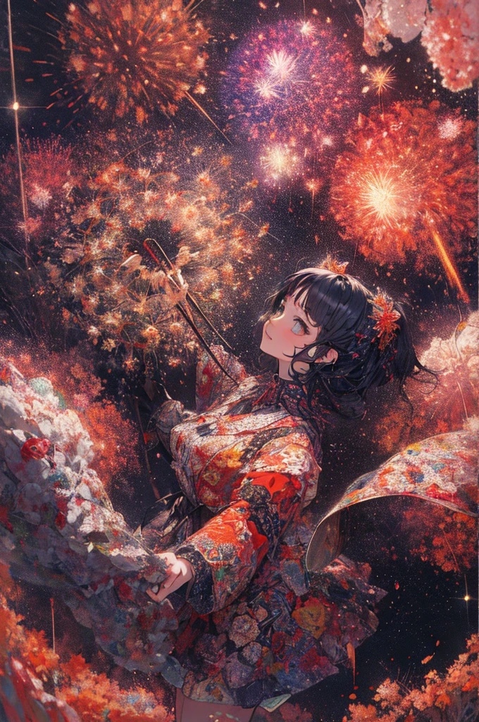 ((Fireworks display seen from space)),Fireworks are the main composition，Fireworks display beyond imagination，innocent smiles、eye glass、Never seen、Seven colors,(1girl in, Solo:1.6),(Cute smile),(Clothes are simple), (Best Impact:1.5), (maximalism:1.7), Vivid contrast, (Realistic), hyperrealistic illustrations, hight resolution, ultra-detailliert, absurderes,(Fractal Art:1.3)、Random hairstyle、Random hair color colorful、FULL BODYSHOT、Retro、Precise focus、randome pose、cinema4d、Drama