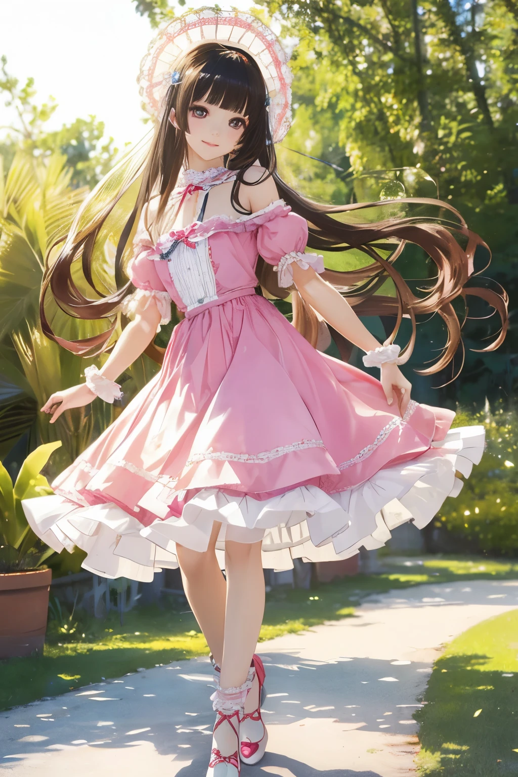 cute、kawaii、ta、brightly colored clothes、clear、party、tea time、Stylish、Long legs、whole body、Full Body、model、Brunette girl, Big smile, Super beautiful shining eyes、 (8K, Live Shooting, Best image quality, masterpiece: 1.4), Ultra-fine mesh, (reality, Realistic: 1.48), masterpiece、highest quality、Very detailed、8K、Detailed light、Fine shadows、born、(Fine skin)、(reality: 1.2)、Long Hair、Headdress
