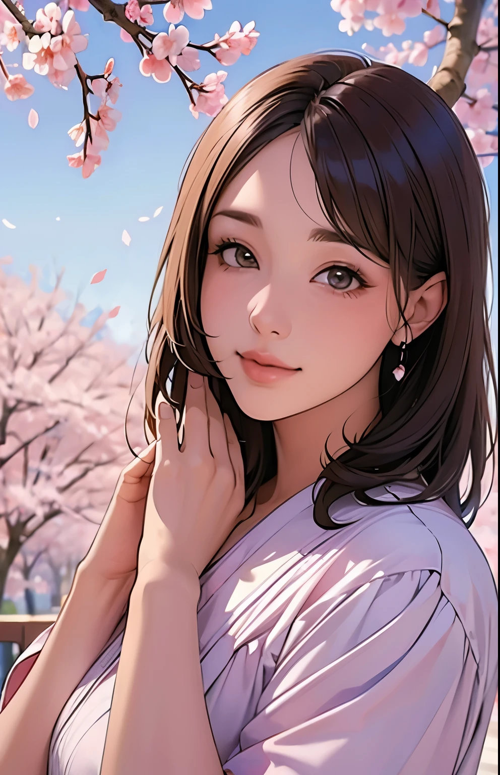 Beautiful and charming Chinese woman, half body photo, delicate and sexy clavicle, attractive oval face, double eyelid, Eyes like bright peach blossoms, pink lips, small nose, bare shoulders, concentrated face, close up of face, ultra high resolution, Super detailed, elegant posture, Korean Style Puff Sleeve Square Color Slim Short Shirt, Match with a high-waisted light-colored jeans suit