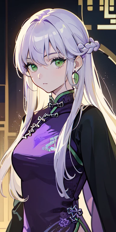 masterpiece,best quality,Game CG, 1 girl,Long hair,(Green eyes :1.5) break (white long hair :1.5) break (purple Chinese dress :1.5),Long sleeve,Jewelry,earrings,black cloak,,solo,Looking at the audience,Upper body,Anime Coloring,Wizard outfit,Silver jewelry,