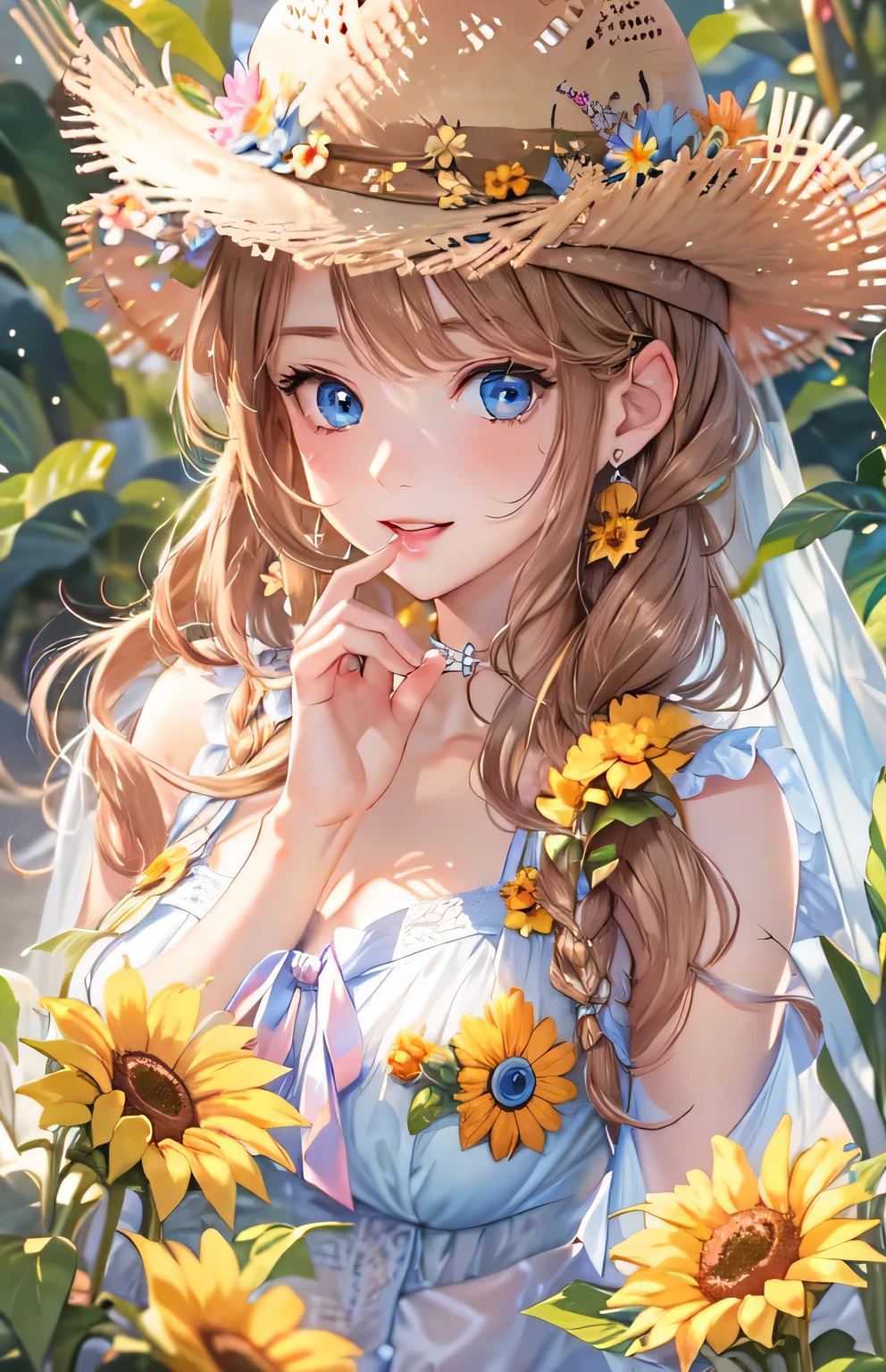 masterpiece、highest quality、High resolution、High-quality images、8k, 1 female、Skin Radiance、Texture of skin and clothing、Expression of fine eyes、shiny light brown hair,Girl with long braided hair, Manga inspired by Lee Jong-suk, Trending on deviantart, realism, detailed manga style, Manga art style, Perfect Line Drawing, Beautiful line art, digital manga art girl, K-POPアイドル, one piece,Large Breasts,Beautiful light blue eyes, Fuller lips, Gorgeous face with attention to detail, (Cute Smile), charm, Innocent, Side view, (Perfectly detailed face), (Beautiful Hands) photorealistic images, Written boundary depth, Princess Hairstyles, sunflower， Straw hat,one piece,wonderful flower garden，Beautiful sunflower，Romanticism,