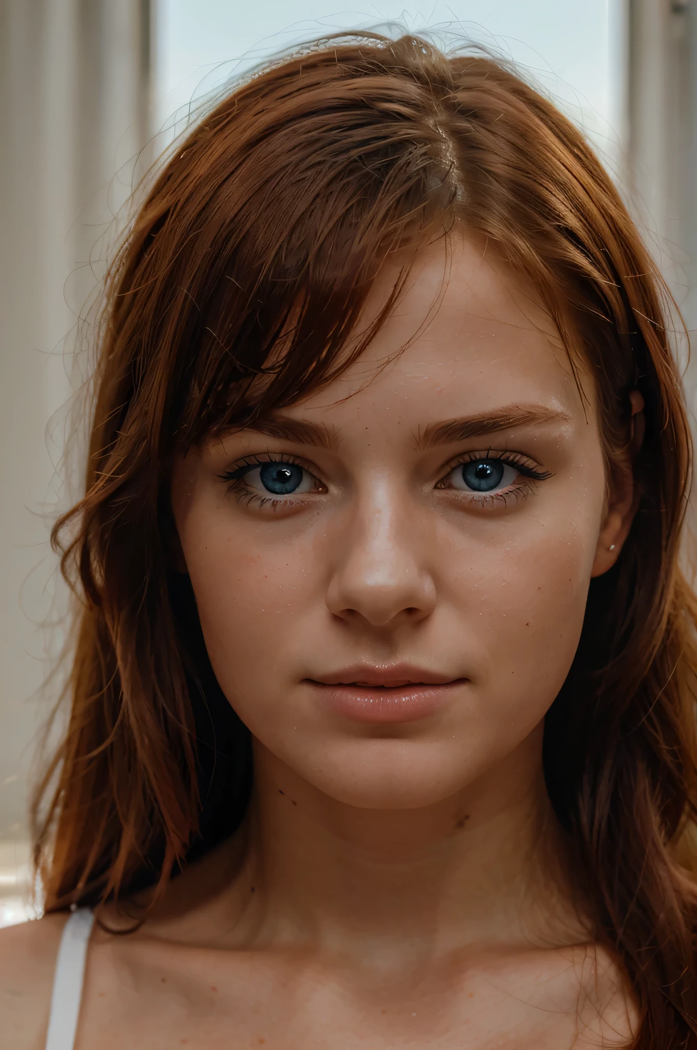 A photorealistic close up portrait of a 25-year-old Dutch girl with a beautiful face, blue eyes, red hair