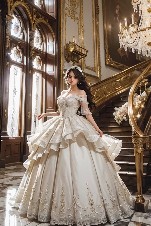 Create a stunning image of a woman wearing a luxurious evening dress. The dress should be a perfect blend of elegance and sophistication, flowing gracefully to the floor with a slight train. It should feature a deep, rich color like midnight blue or emerald green, with delicate embroidery or beading that catches the light. The bodice should be form-fitting, accentuating her silhouette, with an off-the-shoulder or sweetheart neckline to add a touch of romance. The fabric should be high-quality, such as silk or satin, with a subtle sheen that gives the dress a glamorous look. She should be standing in a beautifully lit room, perhaps a grand ballroom or a lavish hall, with soft lighting that highlights the intricate details of the dress, golden pattern