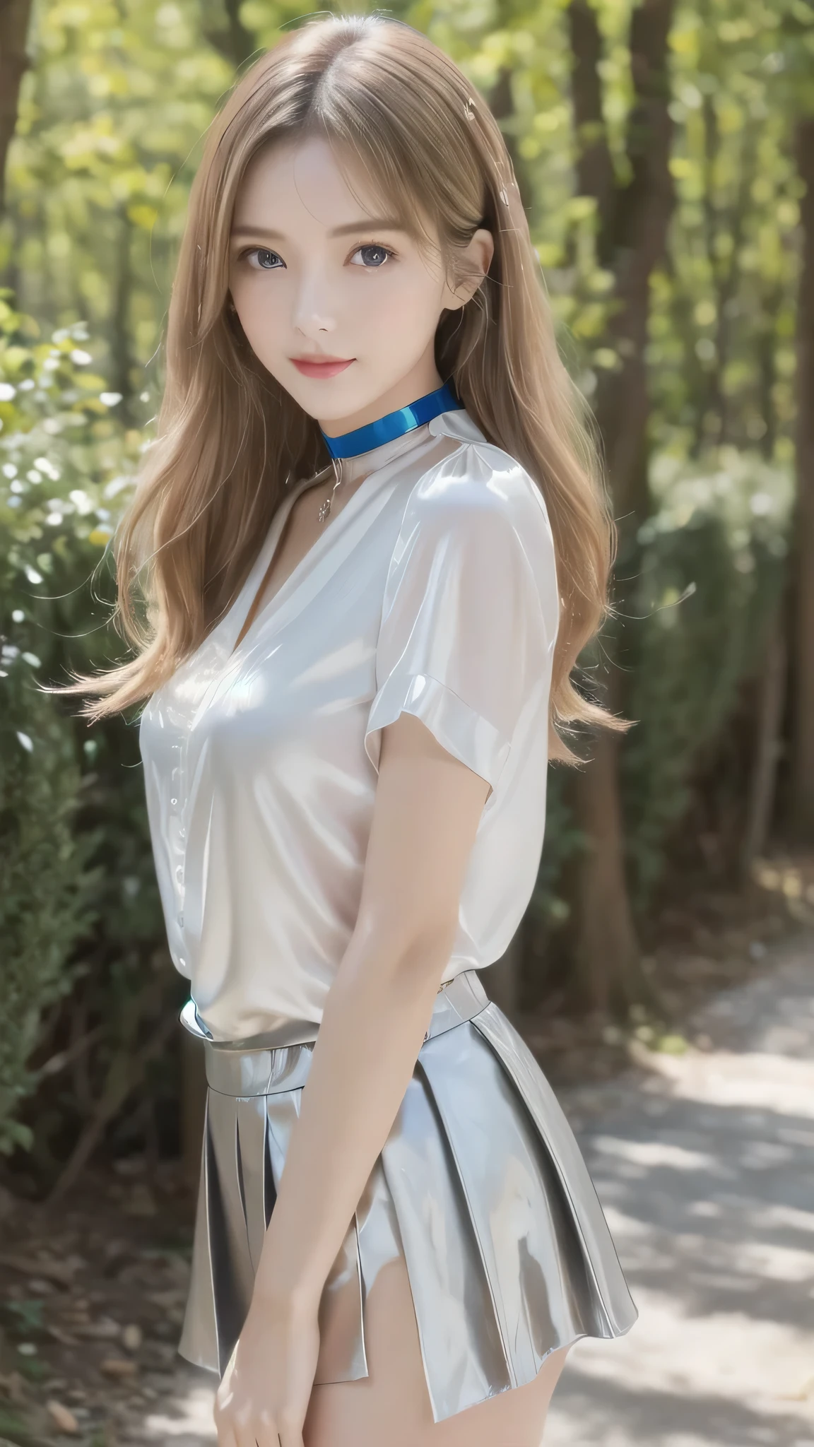 1 female々,（Standing posture:2.0）, （Legs outstretched：2.0）,（Height 2/3 is the foot:2.0）,white glossy skin, Age 25, A small, elegant face, Red lips, Parted lips, ( Hair parted to one side:1.5), blue eyes, smile, Elegant young woman, long blonde shiny hair, choker,（silk blouse :1.3)（Silver Pleated Skirt :1.3), (pumps:1.2),  Natural wavy hair, Almond Eye,Slender figure, Tight waist, Beautiful Hands, Narrow shoulders, View here, Broadleaf forest in the daytime