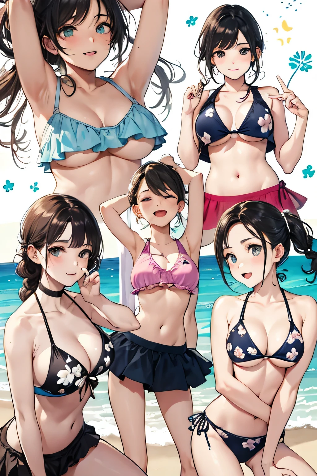 (highest quality:1.4)、(High resolution)、Detailed Background、(Detailed beautiful face:1.4)、Beautiful face in every detail、Anatomically correct、(Depict the normal number of fingers:1.2)、Beautiful fingers、Realistic、Beautiful girl、(Three Women)、(Huge breasts:1.3)、
Bright inner hair color、Braided Ponytail、Braided long hair、Perfect body line、Attractive thighs、Show off your attractive armpits、sunny day、Looks like a fun atmosphere、Cowboy Shot、
(Three beautiful girls swimming on the beach)、
playfully splashing water on each other、Excited expression、smile、Laughing with your mouth open、sexual expression、Wet swimsuit、Wet swimsuitが光る、My whole body is wet、My hair is wet too、(Underboob:1.3)、
A one-piece swimsuit with a skirt gives off a feminine and cute look.、
Colorful designs such as floral and fruit patterns are popular.、
Some skirts are decorated with frills or lace.、
Some come with straps or ribbons, or have animal prints or character designs.、
There are many cute designs of bikini style swimsuits.、
The combination of tops with frills or character prints and bottoms with colorful patterns is popular.、
A tankini is a style of swimwear that combines a bikini top and shorts.、
It can hide your stomach, so you can wear it with confidence even if you are not confident in your girl's body shape.、cute