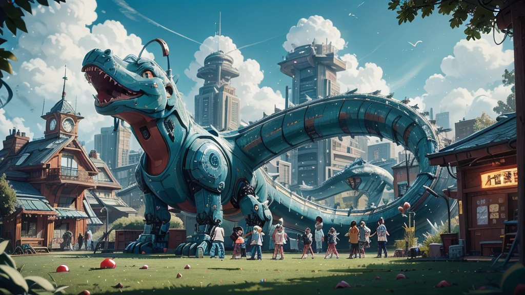 Sci-fi Future Children&#39;s Park，乐园里have非常多的中国儿童，Lots of children on the grass，Holding a balloon in hand，have许多可爱的，have：Robot Dinosaur，Robot Bear，Robotic whales，Slides、The buildings in the children&#39;s park are all technological and digital，远处have摩天轮，Roller coaster，天空中have热气球，Blue sky and white cloud bird，Exquisite，bright，Clarity，