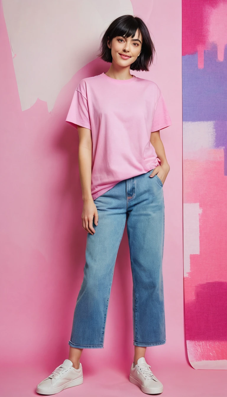 Cinematic fullbody photo Gen-Z fashion-focused young american lady with cascading short straight dark hair, donned in an oversize, heavyweight blank pink t-shirt , small crew neck, vibrant backdrop assembled with acrylic abstract of cheerful colors, wrinkle detail, fabric texture, shadowing, shirt size, ultra HD, lifelike aesthetic, high saturation, superior detail, balanced composition, ultra realistic, photorealistic, fine detail, ultra detais, 16K, kodak portra 400. By DL ⭕
