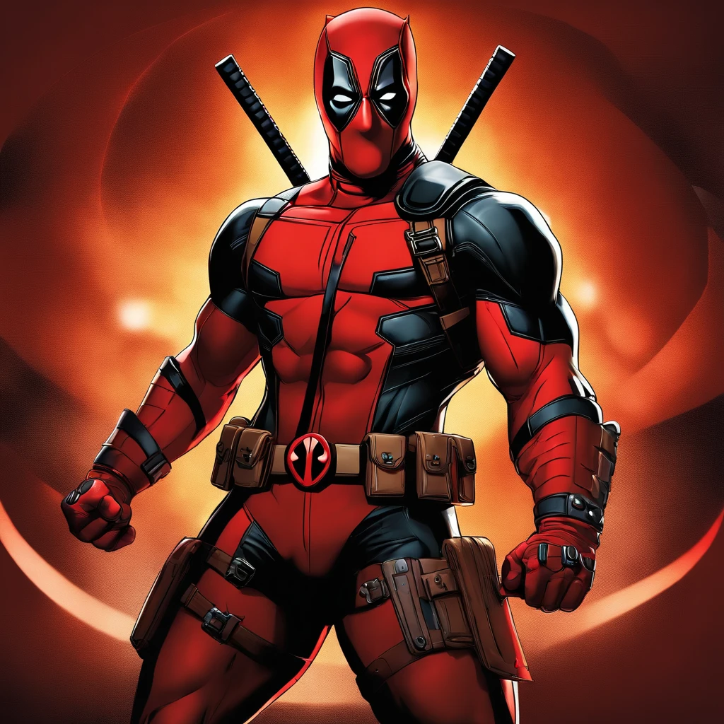 highres, realistic, Deadpool showing a heart shape with his hands, detailed eyes and face, red and black color scheme, action pose, vibrant colors, comic book style, dynamic lighting, detailed costume and muscles, sharp focus